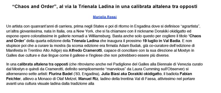 "Chaos and Order", al via la Trienala Ladina in una calibrata altalena tra opposti | franzmagazine Page_1