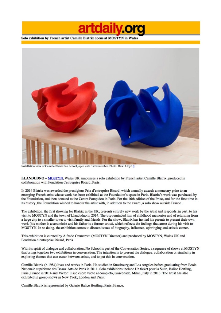ArtDaily_Camille Blatrix opens at MOSTYN in Wales